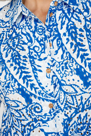 Carraig Donn Blue Embroidery Anglaise Printed Shirt Midi Dress
