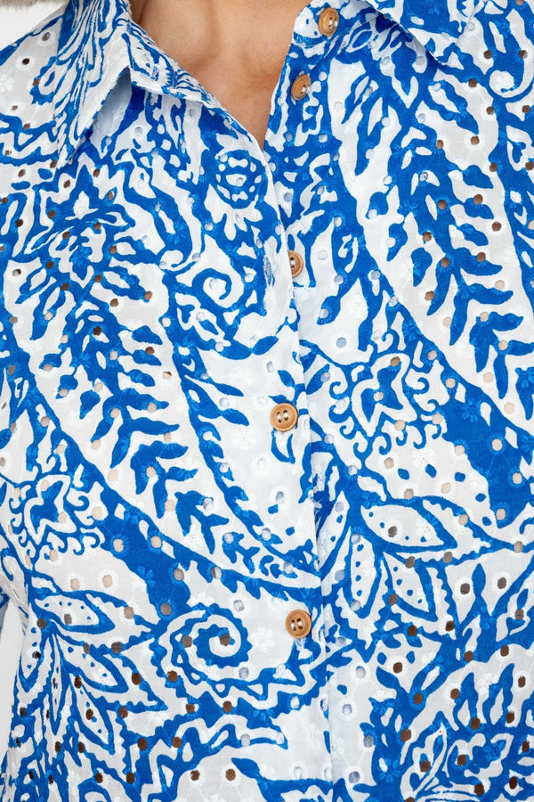 Carraig Donn Blue Embroidery Anglaise Printed Shirt Midi Dress