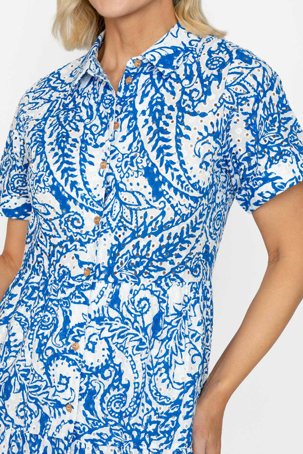 Carraig Donn Blue Embroidery Anglaise Printed Shirt Midi Dress