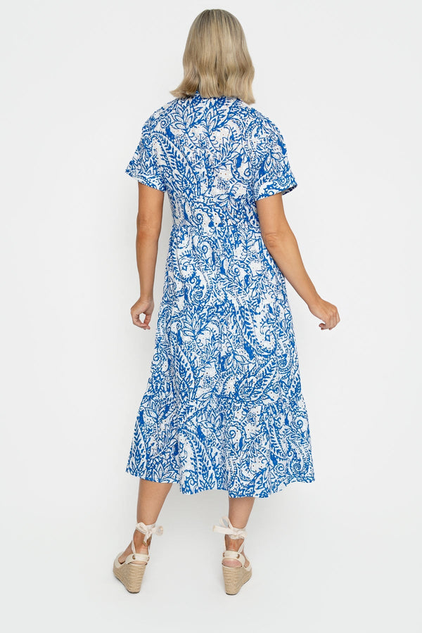 Carraig Donn Blue Embroidery Anglaise Printed Shirt Midi Dress