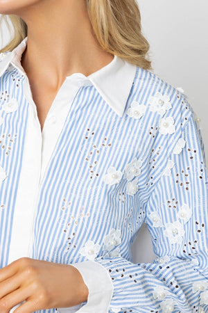 Carraig Donn Blue Embroidery Stripe Shirt