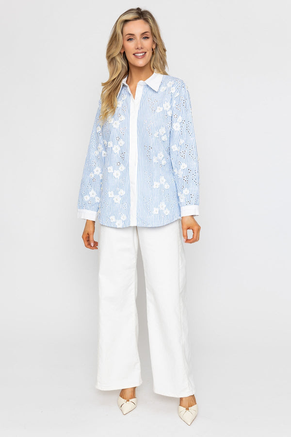 Carraig Donn Blue Embroidery Stripe Shirt