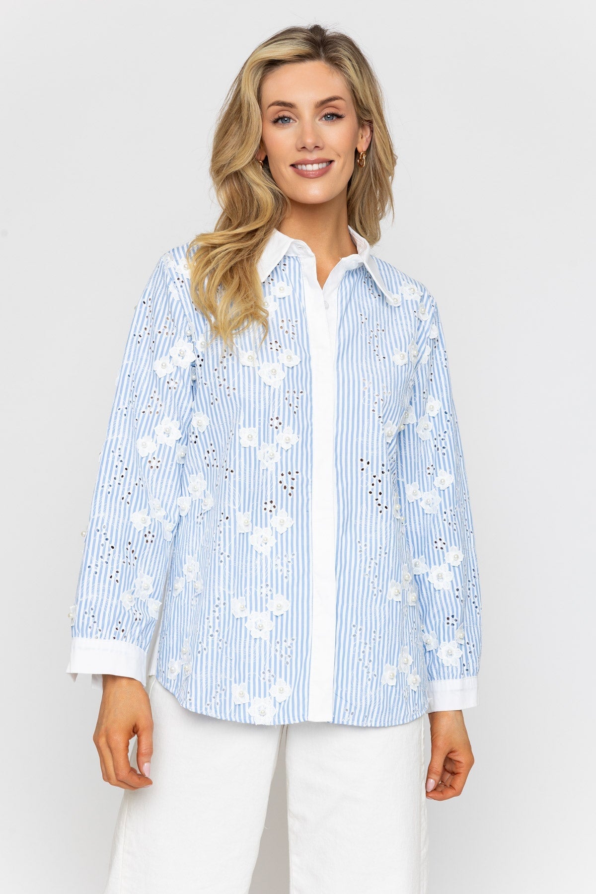 Blue Embroidery Stripe Shirt