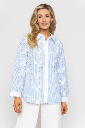 Carraig Donn Blue Embroidery Stripe Shirt