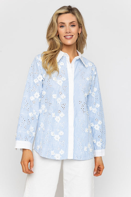 Blue Embroidery Stripe Shirt