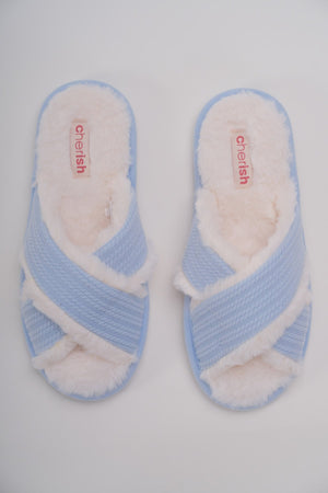 Carraig Donn Blue Faux Fur Cross Over Slippers