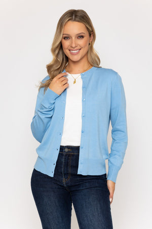 Carraig Donn Blue Fine Gauge Crew Neck Cardigan