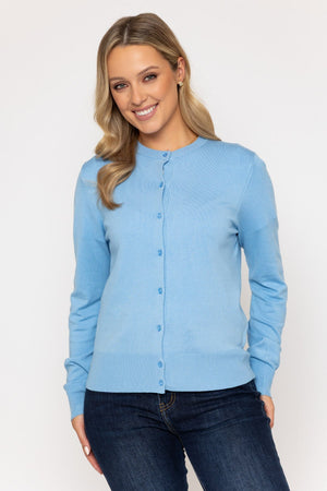 Carraig Donn Blue Fine Gauge Crew Neck Cardigan