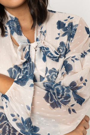 Carraig Donn Blue Floral Print Boho Pussybow Blouse