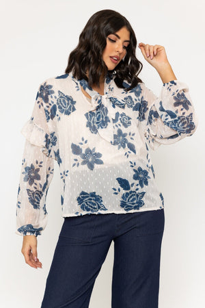 Carraig Donn Blue Floral Print Boho Pussybow Blouse