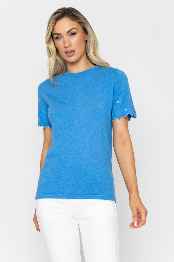 Carraig Donn Blue Knit Top with Scalloped Sleeves and Heart Detail