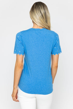 Carraig Donn Blue Knit Top with Scalloped Sleeves and Heart Detail