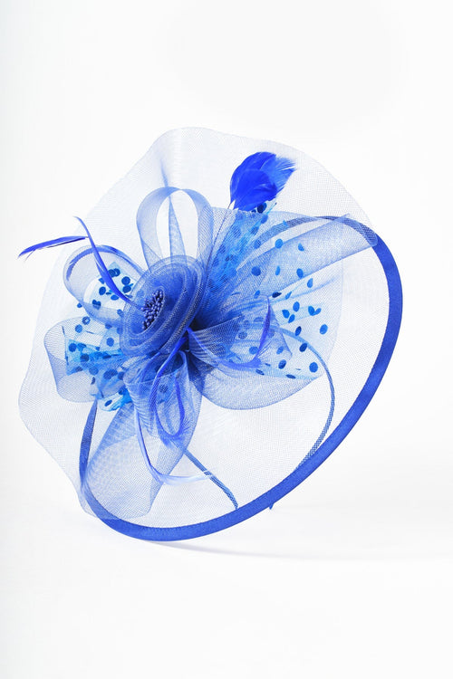 Blue Large Disc Fascinator With Bow & Net Centre