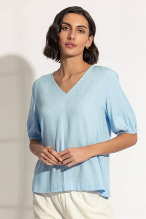 Carraig Donn Blue Linen Blend Puff Sleeve Top