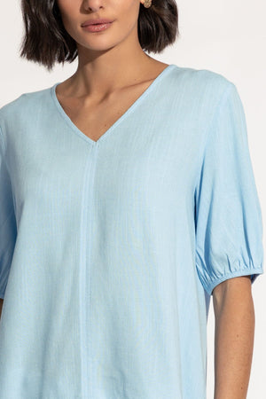 Carraig Donn Blue Linen Blend Puff Sleeve Top