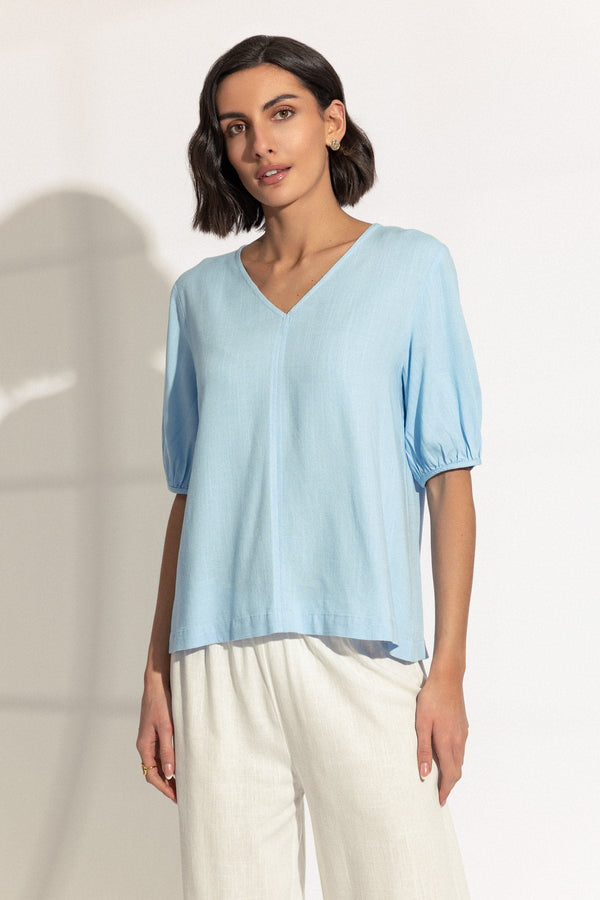 Carraig Donn Blue Linen Blend Puff Sleeve Top