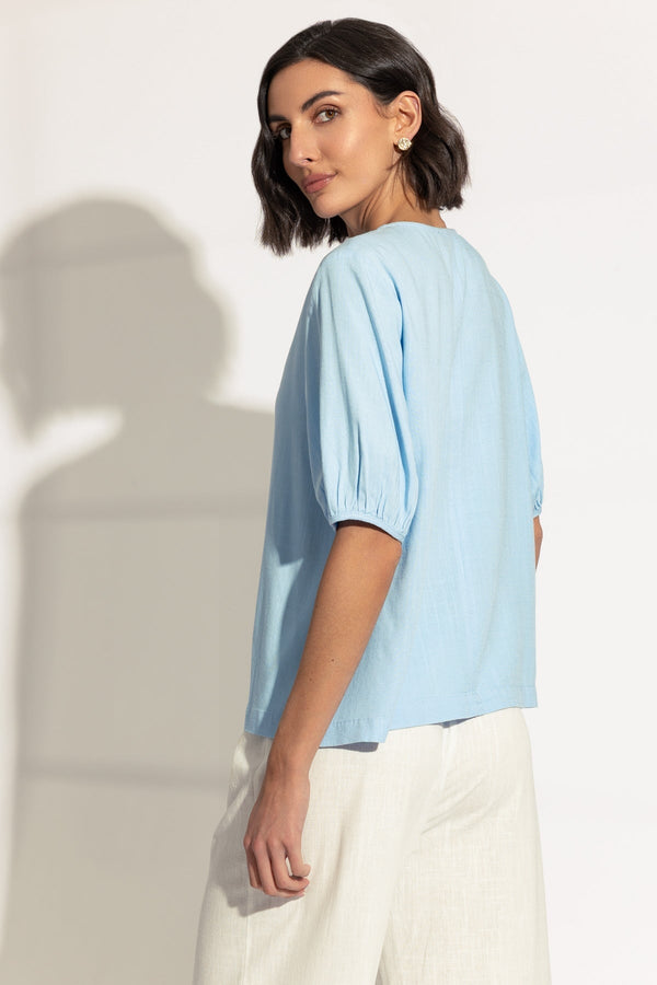 Carraig Donn Blue Linen Blend Puff Sleeve Top