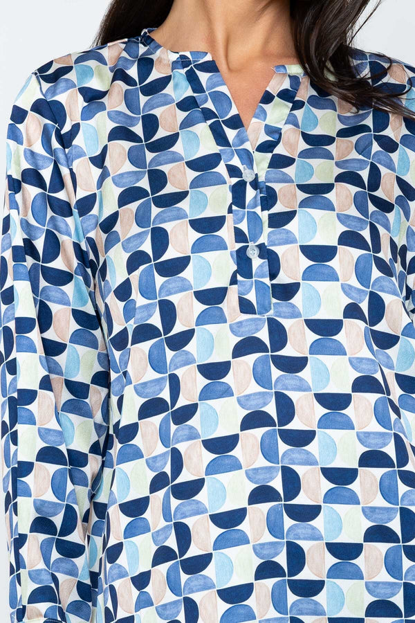 Carraig Donn Blue Print Sateen Long Sleeve Blouse