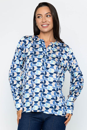 Carraig Donn Blue Print Sateen Long Sleeve Blouse