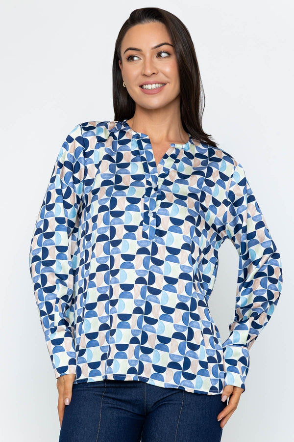 Carraig Donn Blue Print Sateen Long Sleeve Blouse