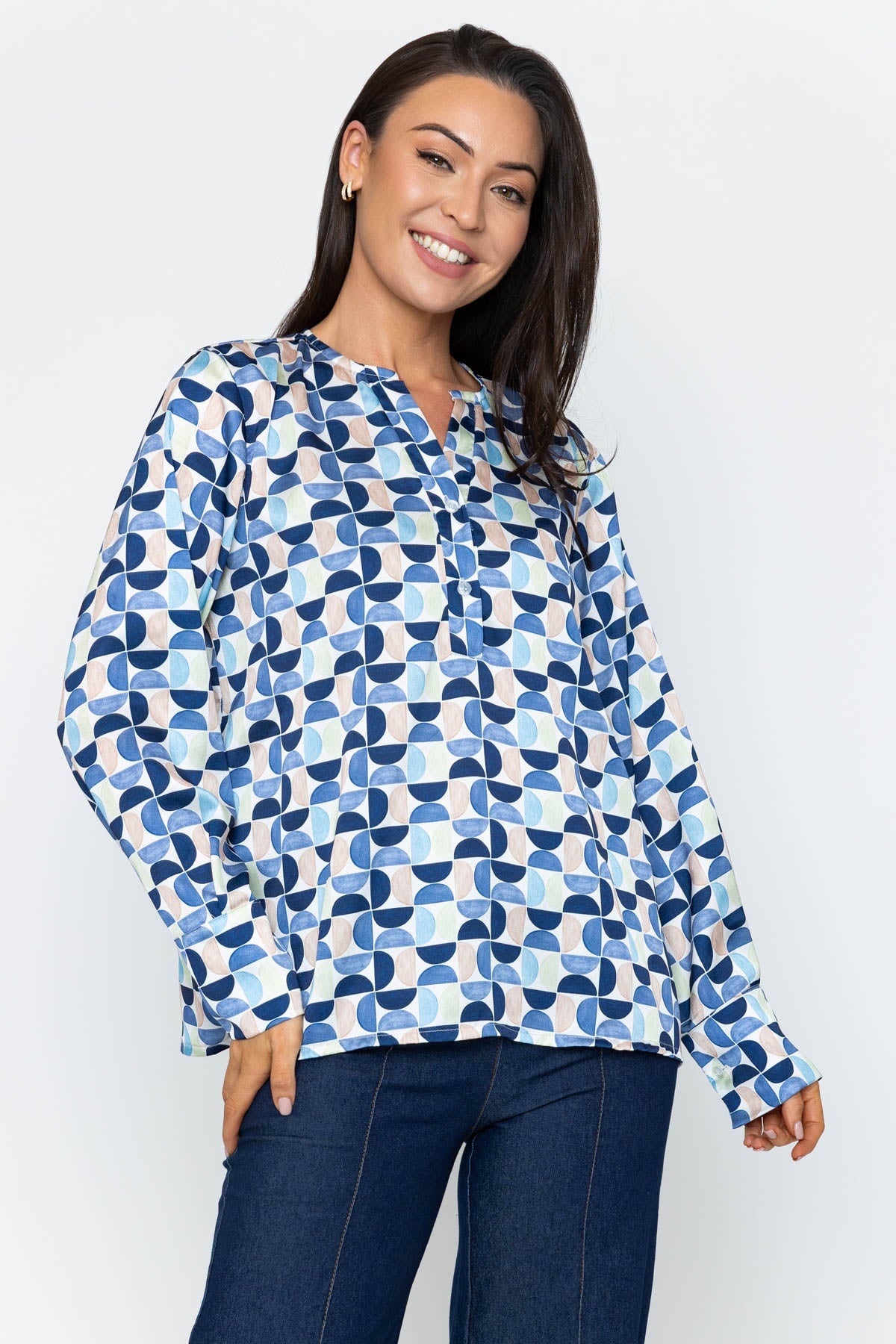 Blue Print Sateen Long Sleeve Blouse