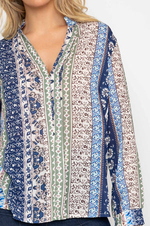 Carraig Donn Blue Printed Collarless Long Sleeve Top