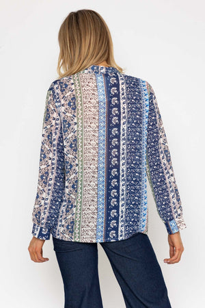 Carraig Donn Blue Printed Collarless Long Sleeve Top