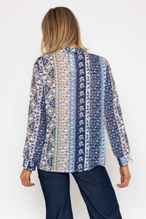 Carraig Donn Blue Printed Collarless Long Sleeve Top