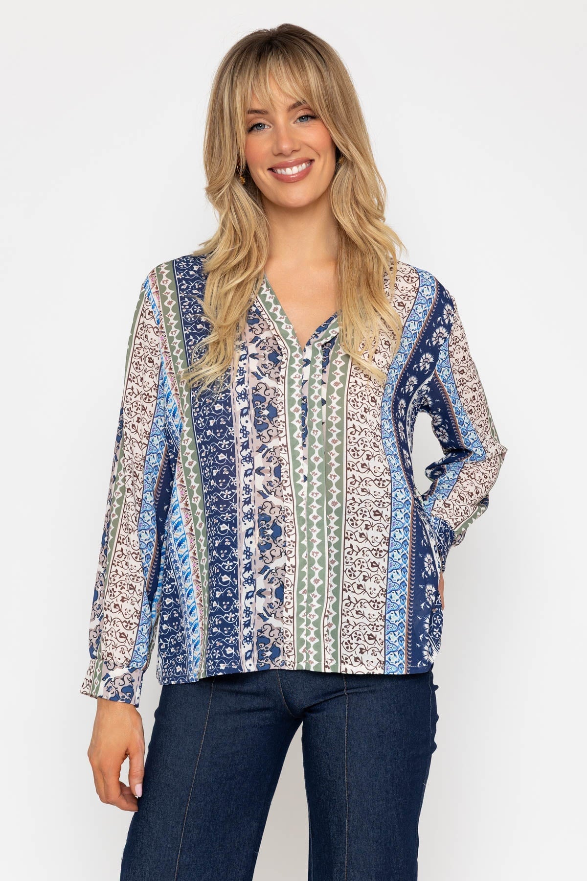 Blue Printed Collarless Long Sleeve Top