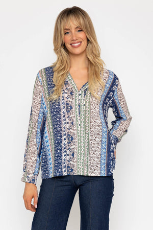 Carraig Donn Blue Printed Collarless Long Sleeve Top