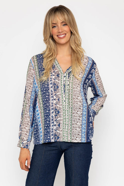 Blue Printed Collarless Long Sleeve Top