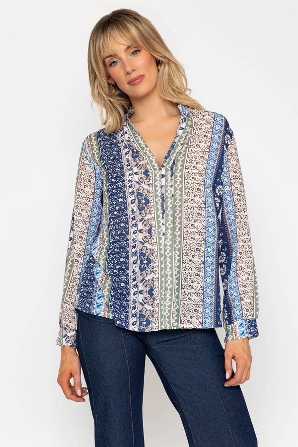Carraig Donn Blue Printed Collarless Long Sleeve Top