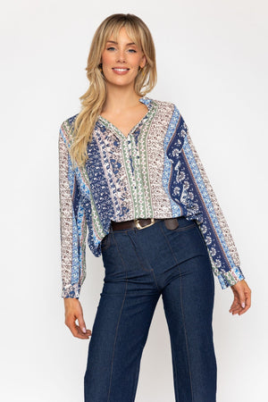 Carraig Donn Blue Printed Collarless Long Sleeve Top