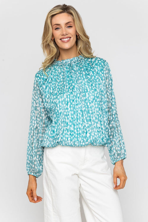 Blue Printed Lurex Long Sleeve Top