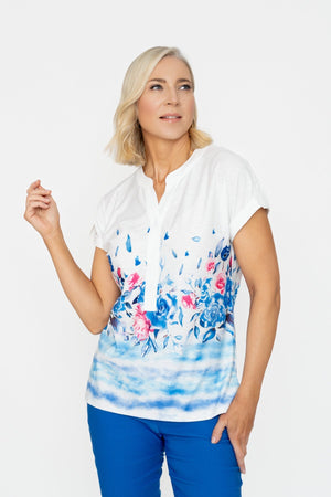 Carraig Donn Blue Printed Placket Short Sleeve Top