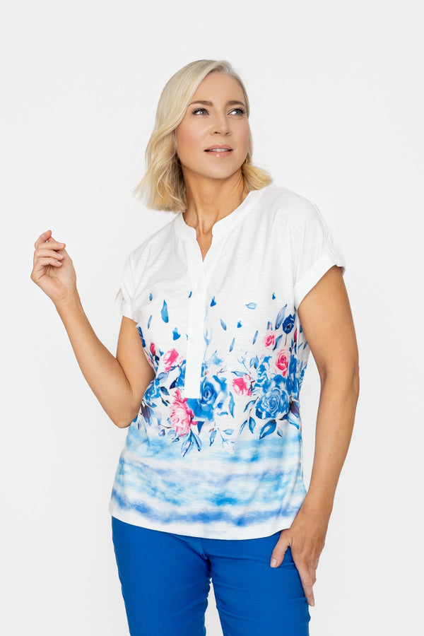 Carraig Donn Blue Printed Placket Short Sleeve Top