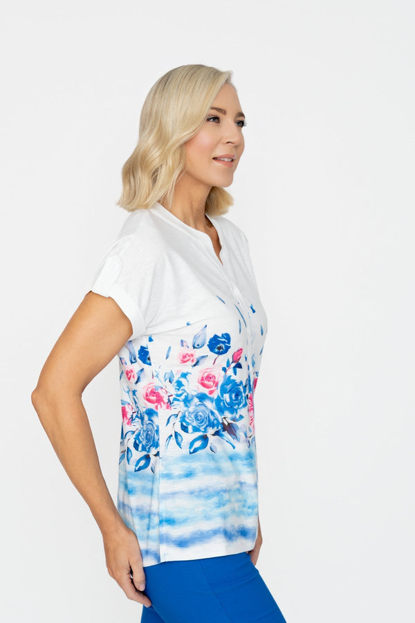 Carraig Donn Blue Printed Placket Short Sleeve Top