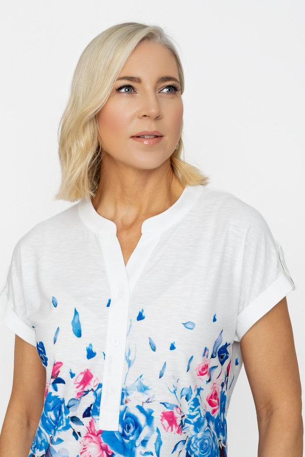 Carraig Donn Blue Printed Placket Short Sleeve Top
