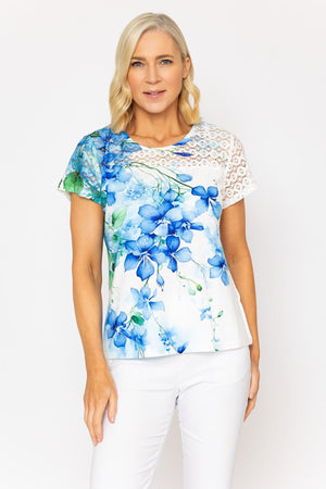 Carraig Donn Blue Printed Top With Lace Detail