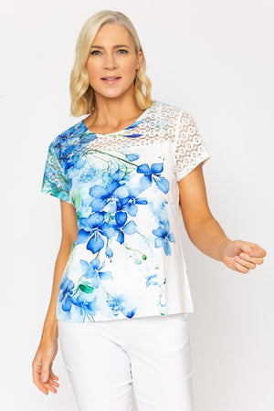 Carraig Donn Blue Printed Top With Lace Detail