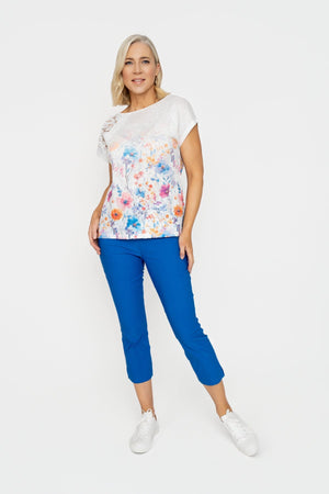 Carraig Donn Blue Printed Top With Lace Detail
