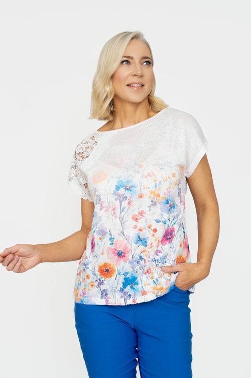 Blue Printed Top With Lace Detail