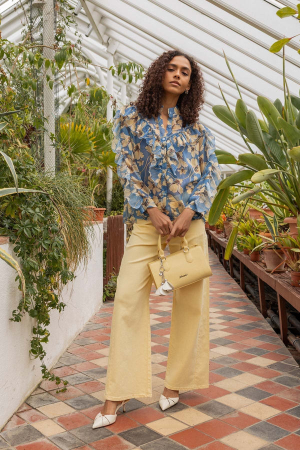 Carraig Donn Blue Ruffle Print Lurex Blouse