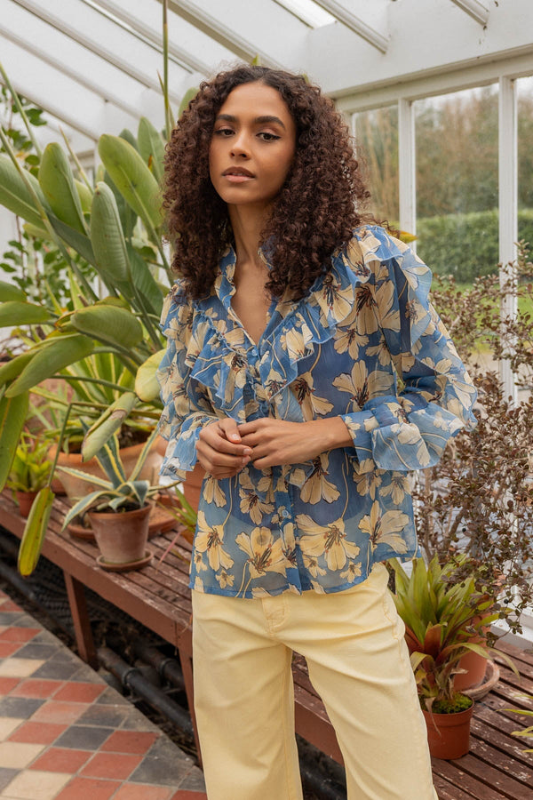 Carraig Donn Blue Ruffle Print Lurex Blouse