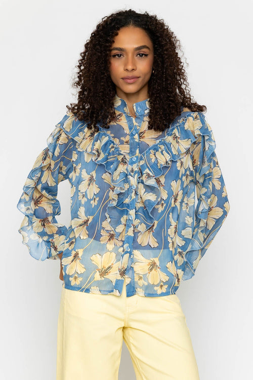Blue Ruffle Print Lurex Blouse