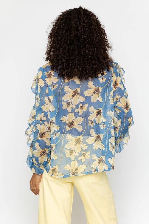 Carraig Donn Blue Ruffle Print Lurex Blouse