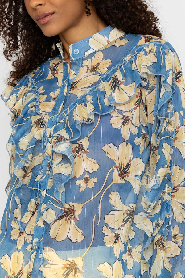 Carraig Donn Blue Ruffle Print Lurex Blouse