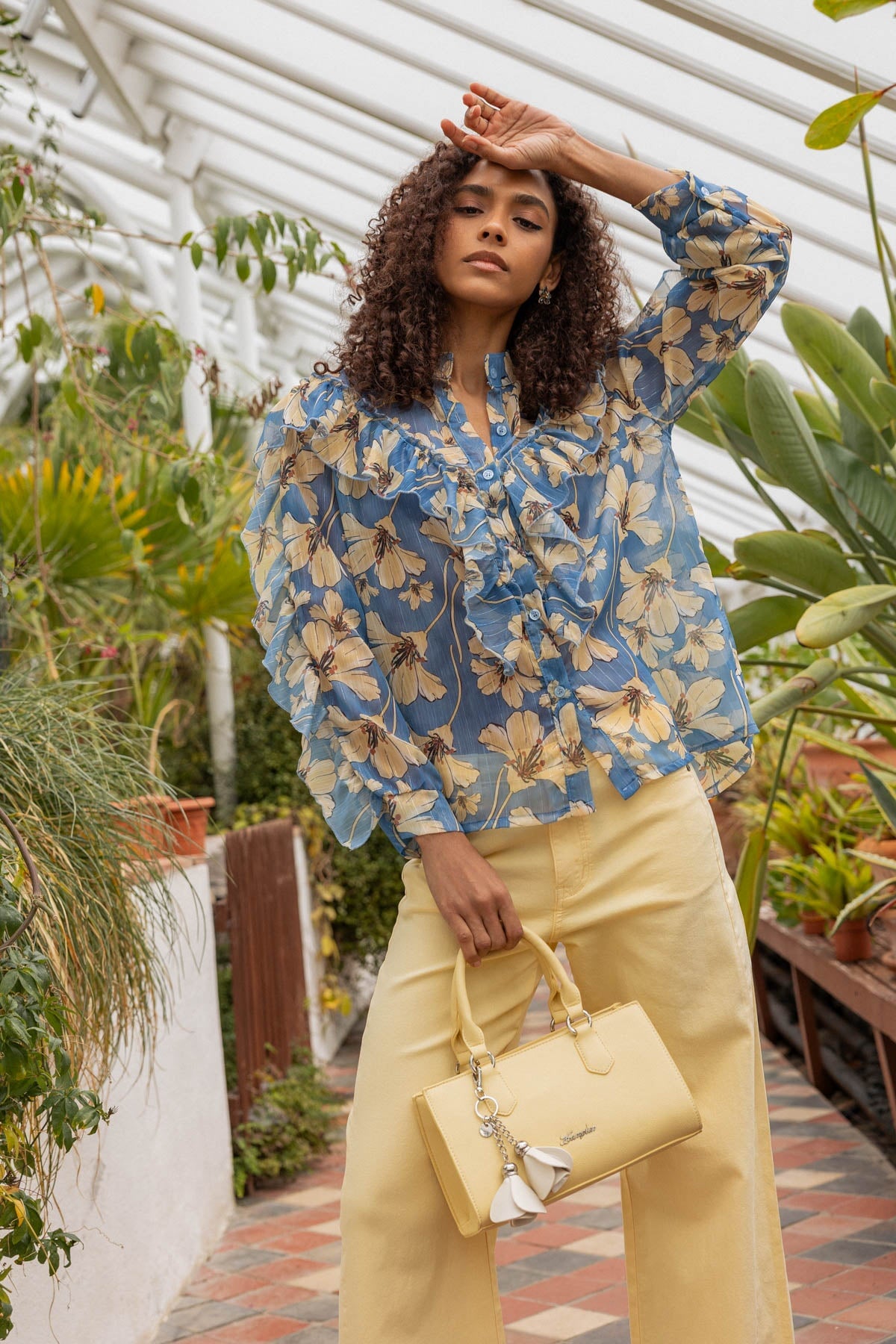 Blue Ruffle Print Lurex Blouse