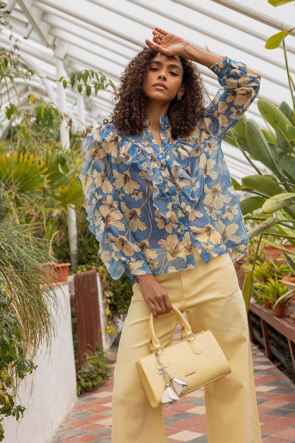 Carraig Donn Blue Ruffle Print Lurex Blouse