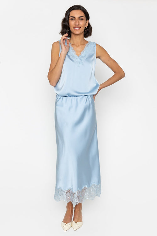 Blue Satin Skirt With Lace Detail